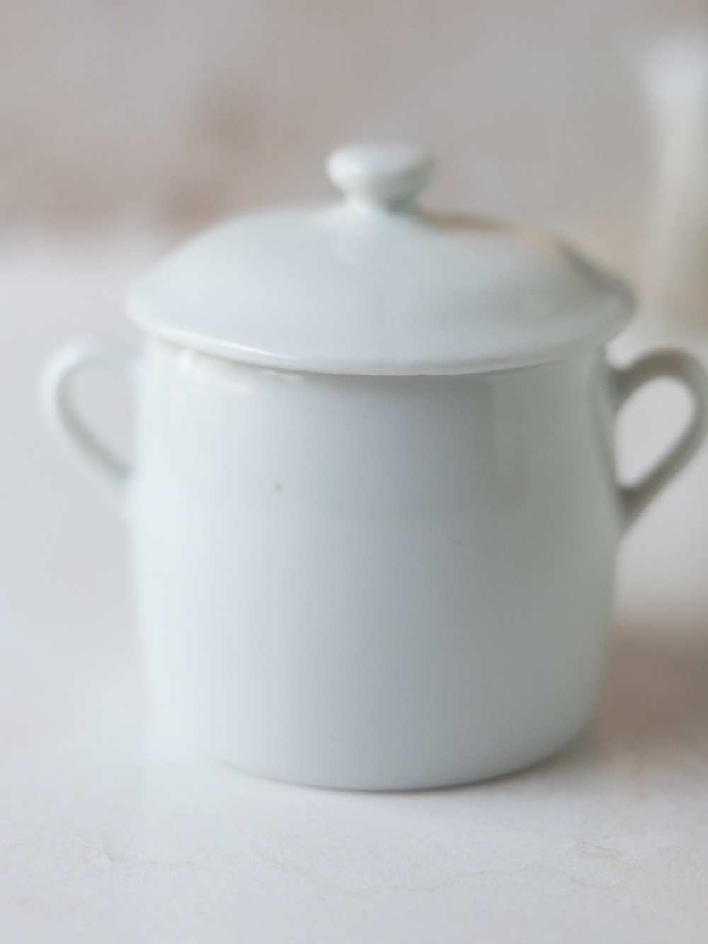 Apilco France French ceramic white sugar bowl with lid and two handles